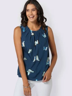 T-Shirts|Débardeurs<Blouse fluide sans manches imprimé col rond avec plis décoratifs