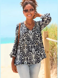 Vivance Chemisiers<Chemisier à manches longues encolure ronde avec rubans décoratifs et perles couleur or