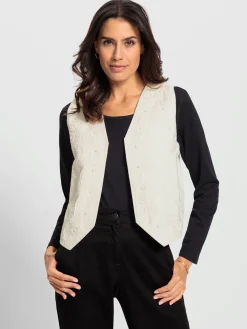 Vestes<Gilet en jean jolie broderie florale avec perles décoratives