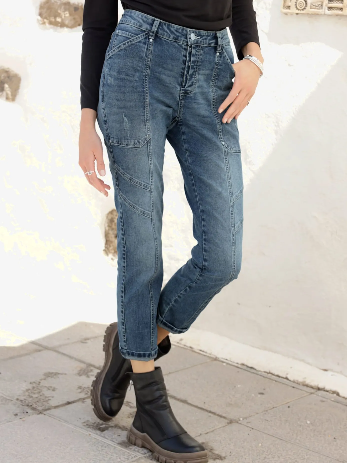 Mandarin Jeans|Pantalons<Jean boyfriend poches plaquées