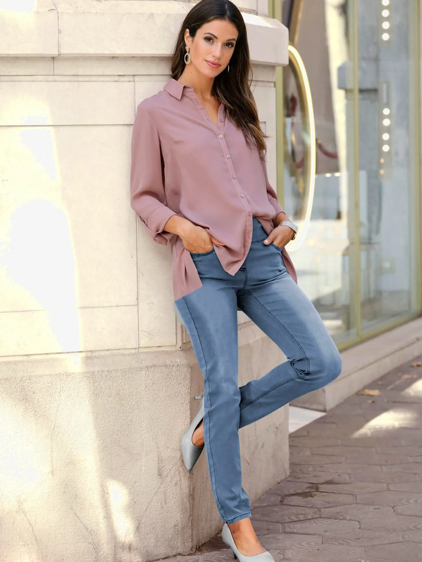 Pantalons<Jean femme 5 poches large ceinture élastique coupe slim