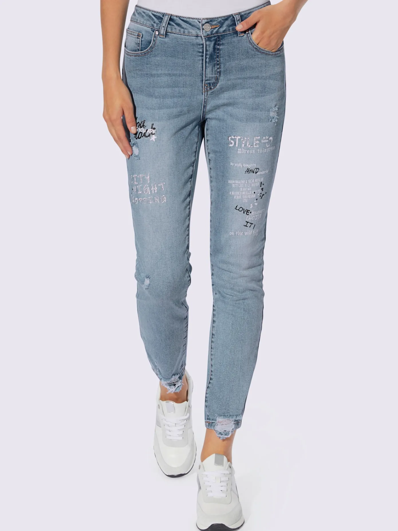 Mandarin Jeans|Pantalons<Jean inscription avec petites pierres brillantes fantaisie