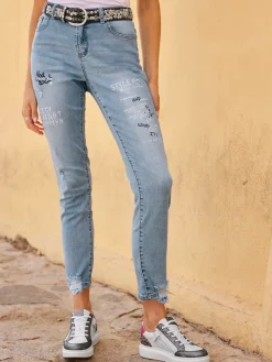 Mandarin Jeans|Pantalons<Jean inscription avec petites pierres brillantes fantaisie