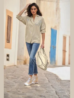 Mandarin Jeans|Pantalons<Jean petites pierres fantaisie