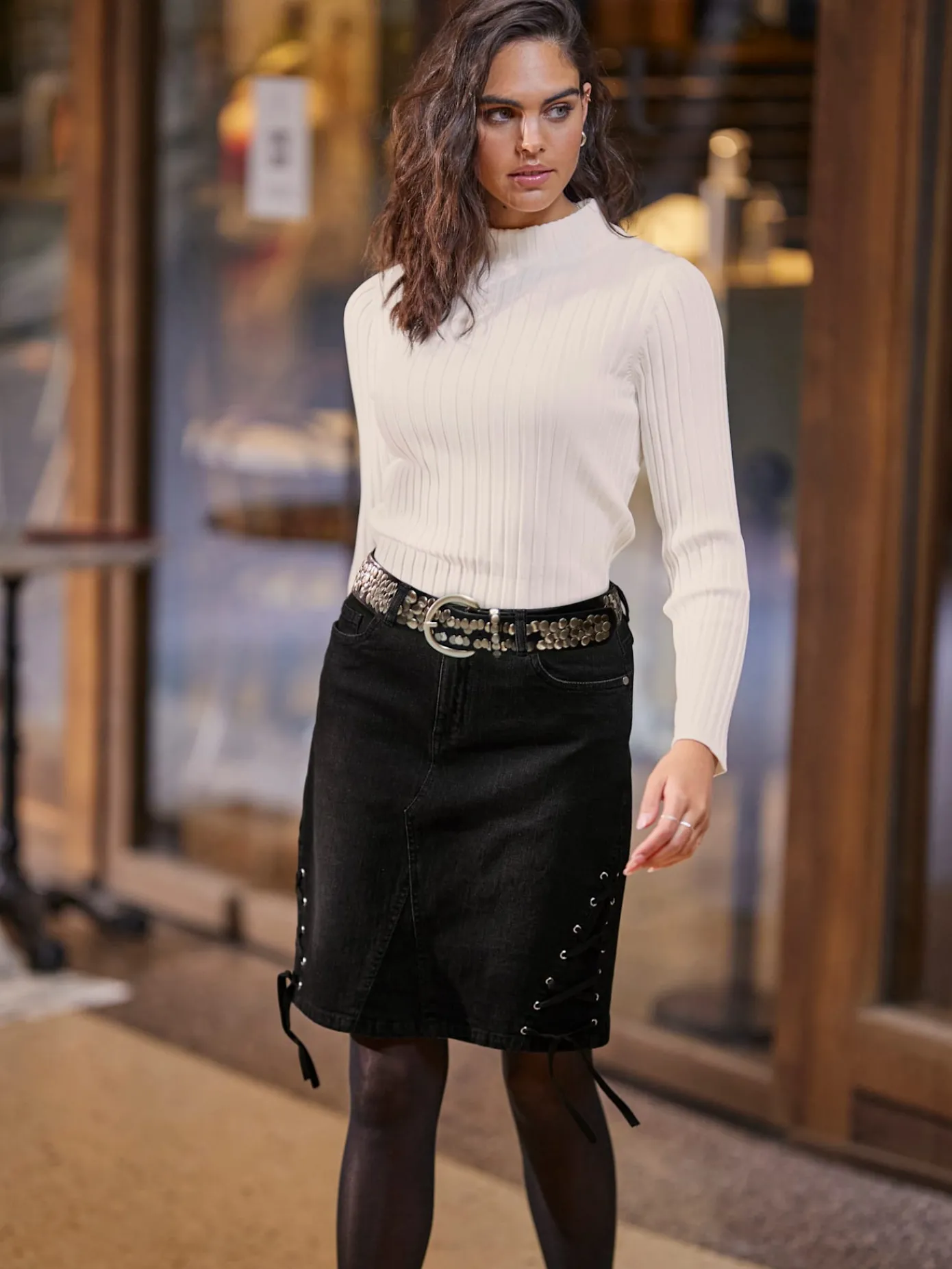 Mandarin Jupes<Jupe en jean lacets sur les côtés