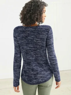 Collection L Pulls<Pull chiné encolure ronde finitions côtelées avec le dos plus long