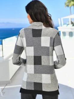 Pulls<Pull femme à carreaux intarsia col montant