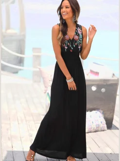 Buffalo Robes<Robe longue imprimé imitation broderie sur le haut