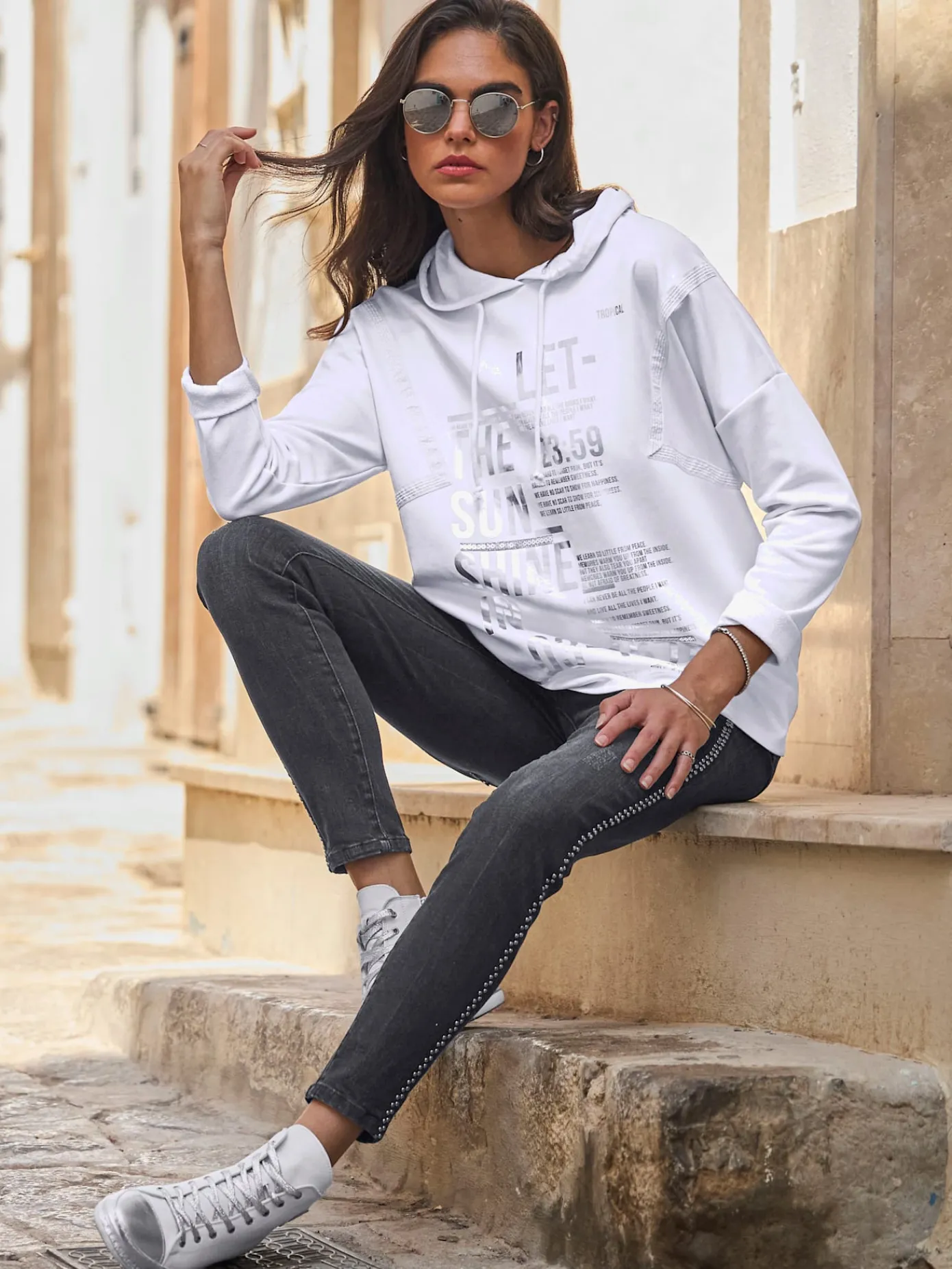 Mandarin T-Shirts<T-shirt à capuche imprimé feuille original