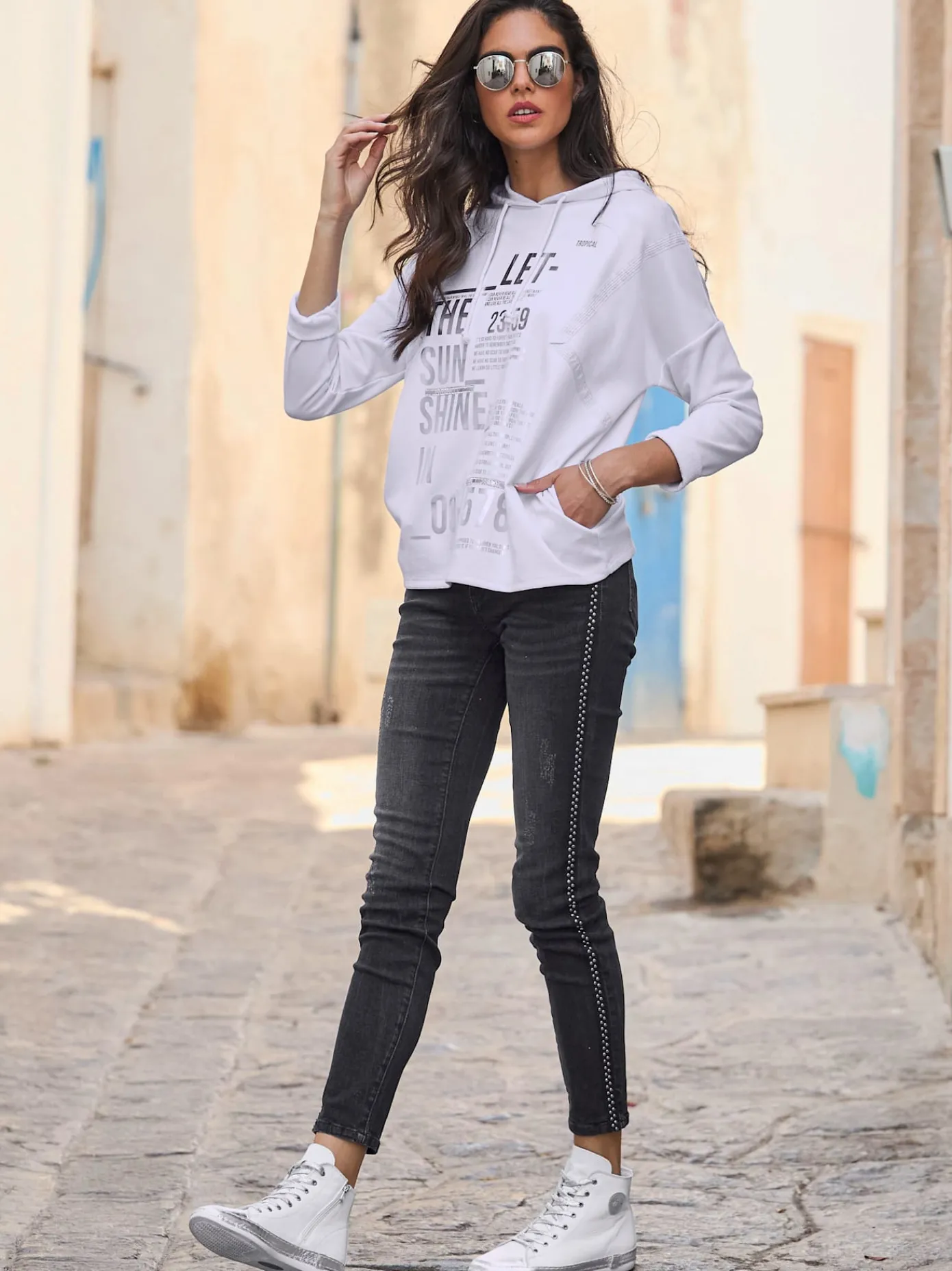 Mandarin T-Shirts<T-shirt à capuche imprimé feuille original