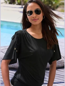 LASCANA T-Shirts<T-shirt à col rond fronce avec liens à nouer aux épaules pour régler la longueur des manches : manches courtes ou mi-longues