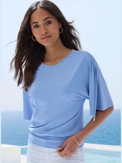 LASCANA T-Shirts<T-shirt à col rond fronce avec liens à nouer aux épaules pour régler la longueur des manches : manches courtes ou mi-longues