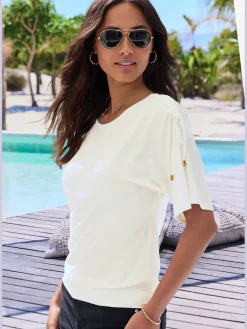 LASCANA T-Shirts<T-shirt à col rond fronce avec liens à nouer aux épaules pour régler la longueur des manches : manches courtes ou mi-longues