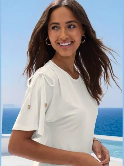 LASCANA T-Shirts<T-shirt à col rond fronce avec liens à nouer aux épaules pour régler la longueur des manches : manches courtes ou mi-longues