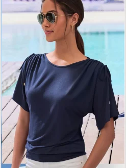 LASCANA T-Shirts<T-shirt à col rond fronce avec liens à nouer aux épaules pour régler la longueur des manches : manches courtes ou mi-longues