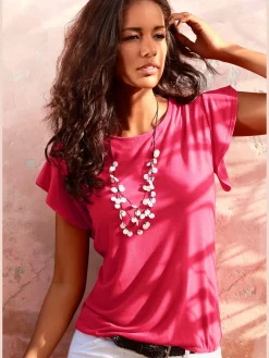 LASCANA T-Shirts<T-shirt à col rond manches volantées légères