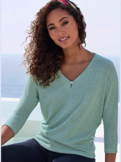 LASCANA T-Shirts<T-shirt à manches 3/4 bouton brillant à strass au niveau de l'encolure