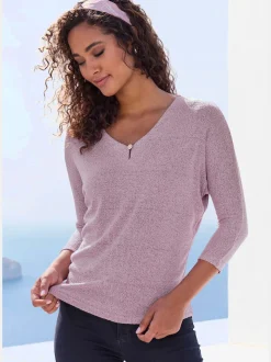 LASCANA T-Shirts<T-shirt à manches 3/4 bouton brillant à strass au niveau de l'encolure