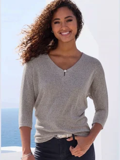 LASCANA T-Shirts<T-shirt à manches 3/4 bouton brillant à strass au niveau de l'encolure