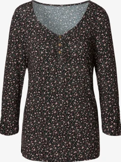 Vivance T-Shirts<T-shirt à manches 3/4 patte de boutonnage courte avec boutons dorés et fronces délicates