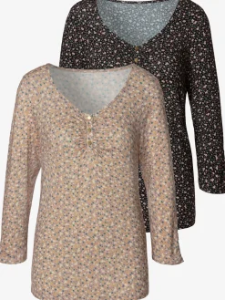 Vivance T-Shirts<T-shirt à manches 3/4 patte de boutonnage courte avec boutons dorés et fronces délicates