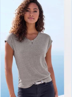 LASCANA T-Shirts<T-shirt à manches courtes bouton brillant à strass au niveau de l'encolure