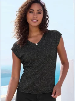 LASCANA T-Shirts<T-shirt à manches courtes bouton brillant à strass au niveau de l'encolure