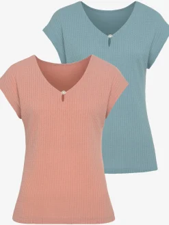 LASCANA T-Shirts<T-shirt à manches courtes encolure en v avec petite fente et perle décorative