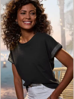 LASCANA T-Shirts<T-shirt à manches courtes strass scintillants à l'ourlet des manches pour un look élégant