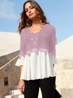 Fair Lady T-Shirts<T-shirt bicolore souple ornée dentelle fleurie