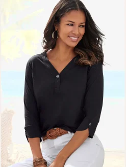 LASCANA T-Shirts<T-shirt détails boutonnés imitation corne à l'encolure en v et à l'ourlet des manches