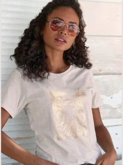 Vivance T-Shirts<T-shirt imprimé feuille brillant, doré et estival