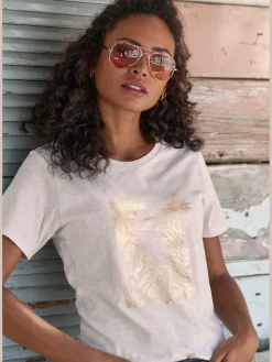 Vivance T-Shirts<T-shirt imprimé feuille brillant, doré et estival