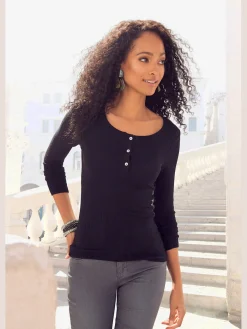 Vivance T-Shirts<T-shirt manches longues courte patte de boutonnage devant avec boutons imitation nacre