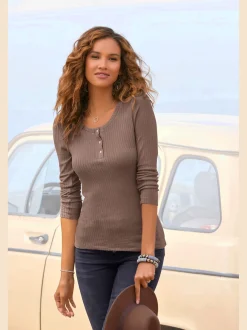 Vivance T-Shirts<T-shirt manches longues courte patte de boutonnage devant avec boutons imitation nacre